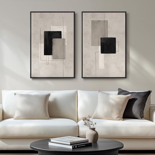 Large Framed Neutral Abstract Wall Art for Living Room, Set of 2 Black and Beige Modern Canvas Prints Paintings Artwork fo...