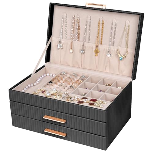 Dajasan Jewelry Box Organizer, 3-Tier Jewelry Storage with 2 Drawers, Large Jewelry Boxes for Women, PU Leather Surface wi...