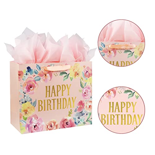 13" Large Happy Birthday Gift Bag with Card and Tissue Papers, Handles Floral Design for Women Girls Birthday Party (13" P...
