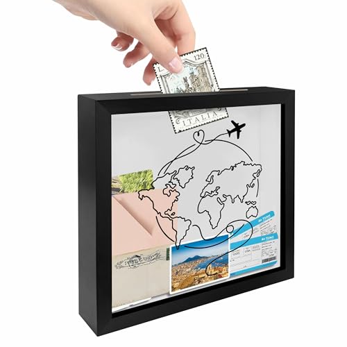 8 x 8 Inch Wooden Shadow Box Frame with Shelves Slot - Sketch Global Map Travel Theme - Money Savings Bank Ticket Saving B...