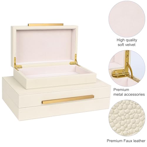 ZIKOUL Beige Shagreen Decorative Storage Boxes – Set of 2 Faux Leather Jewelry & Memory Boxes with Gold Metal Handles, Nes...
