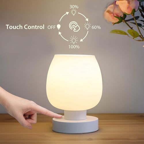 ONEWISH Small Bedside Lamp for Bedroom, 3-Way Dimmable Touch Control, 600 Lumen Bright Opal Glass Shade, 7.5 Inch Ultra Co...
