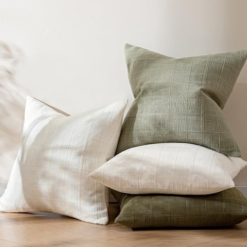 Aesthaboho Green Linen Pillow Covers Set of 4, Spring Decorative Plaid Throw Pillow Covers 20 x 20 Inch, Boho Cushion Soft...