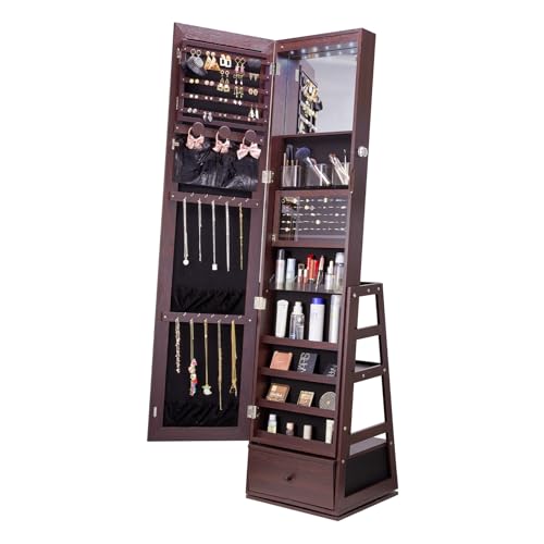 VEVOR 360° Swivel Jewelry Cabinet Armoire, 63-Inch Tall Lockable Jewelry Organizer with Full-Length Mirror, LED Light, Vel...