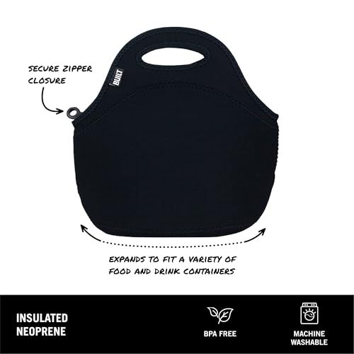 BUILT Gourmet Getaway Soft Neoprene Lunch Tote Bag Lightweight, Insulated and Reusable, One Size, Black