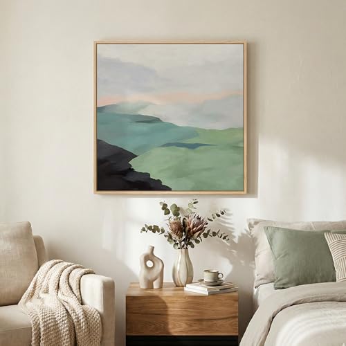 Framed Modern Neutral Green Landscape Abstract Wall Art, Square Minimalist Canvas Prints Paintings for Walls, Sage Green N...