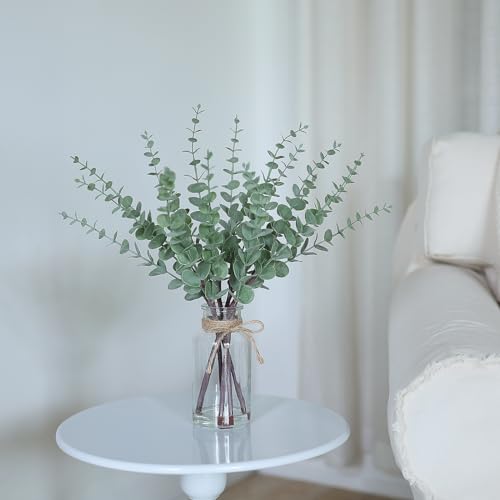 VIERENA 17.5" Artificial Eucalyptus Stems in Glass Vase with Faux Water,Fake Plant Eucalyptus Leaves White Seeds for Cente...
