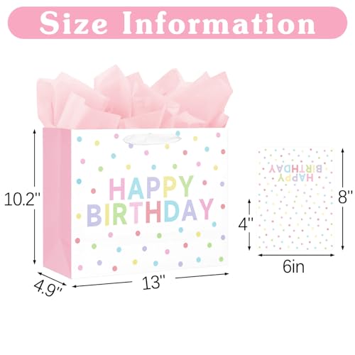 2-Pack 13" Large Happy Birthday Gift Bags Party with Tissue Paper, Cards for Girls Women Birthday Party Favors Wrap