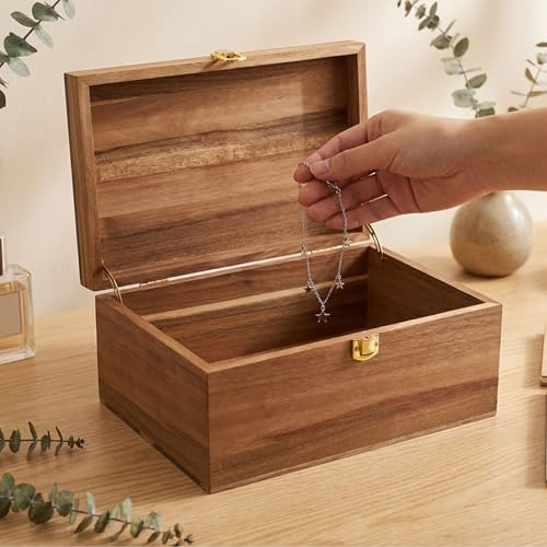 LuckyZoo77 Wooden Keepsake Box with Hinged Lid, Solid Acacia Wood Storage Box with Golden Latch, Large Memory Treasure Box...