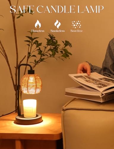 Yohonk Candle Warmer Lamp with Timer Dimmable, Natural Weaving Boho Electric Candle Lamp, Wax Warmer Lamp for Mothers Day ...