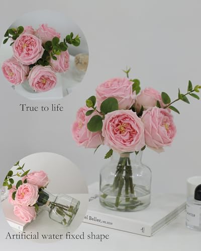 CHASMILE Artificial Flowers with Pink Roses in Vase, Lifelike Fake Flowers in Vase, Faux Flower Arrangements for Dining Ta...