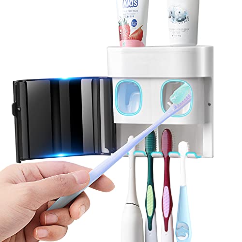 GFWARE Toothbrush Holder Toothpaste Dispenser Wall Mounted with Cover, 4 Slots Tooth Brush Storage Organizer with Automati...