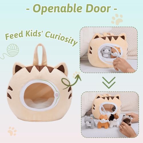 OUOZZZ Cat Stuffed Animal House – Plush Kitten Toy Set with 5 Soft Cats – Interactive & Travel-Friendly Kitties Carrier Pl...