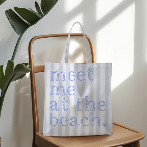 ignytiger Beach Tote Bag, Summer Canvas Striped Tote Bags for Women, Meet Me At The Beach Aesthetic Shopping Bag
