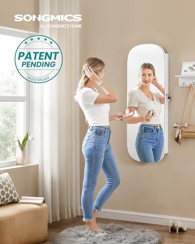 SONGMICS Jewelry Organizer, LED Jewelry Cabinet Wall/Door Mounted, Lockable Rounded Wide Mirror with Storage, Interior Mir...