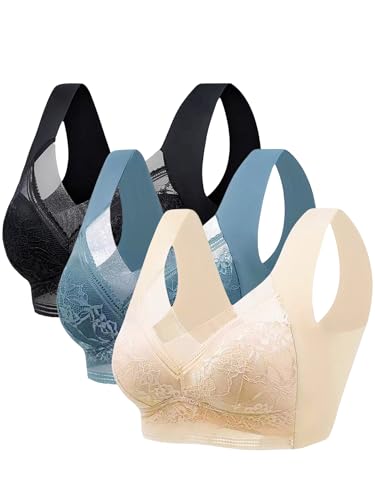 3pcs Set Wireless Bras for Women Floral Lace Full Coverage Bralettes Soft Breathable Support Wirefree Women's Everyday Bras