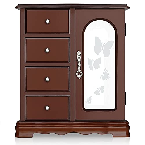 RR ROUND RICH DESIGN Jewelry Box - Made of Solid Wood with 4 Drawers Organizer and Built-in Necklace Carousel and Large Mi...