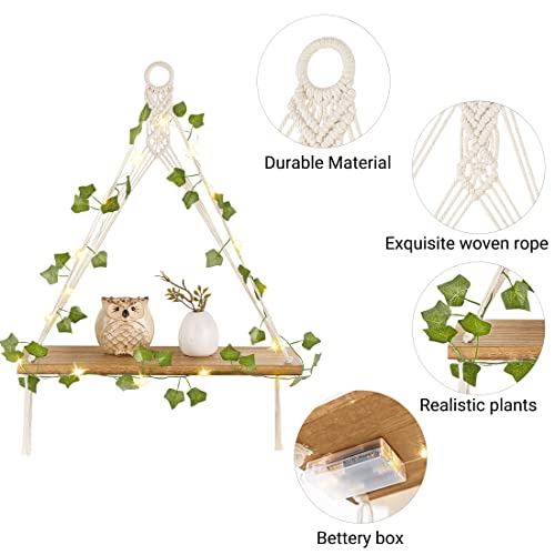 Mkono Artificial Ivy Macrame Hanging Shelves with Lights Set of 2 Boho Wall Decor Display Plants Photos Wood Floating Stor...