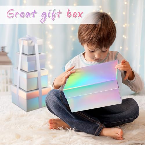 Fulmoon 4 Pack Holographic Silver Square Nesting Gift Boxes with Lids Set Assorted Sizes 7in 6in 5in 4in with Ribbon for W...