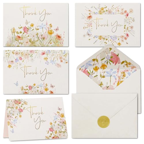 100 Floral Thank You Cards With Envelopes & Stickers - Pretty Wildflower & Gold Foil Assorted Greeting Notes pack for Wedd...