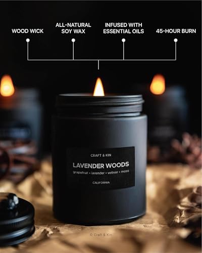Craft & Kin Premium Lavender Woods Candle | Black Scented Candles for Men | Long Lasting with 45 Hour Burn Time, 7.6oz | S...