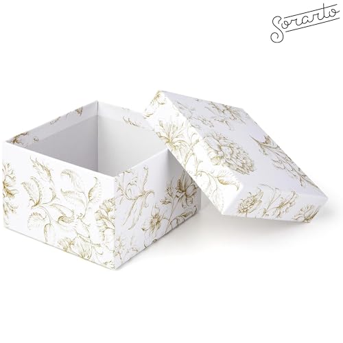Sorarto Square Gift Boxes with Lids 4pc Set | White Gold Floral Nesting Gift Boxes for Presents Birthday Wedding Bridesmai...