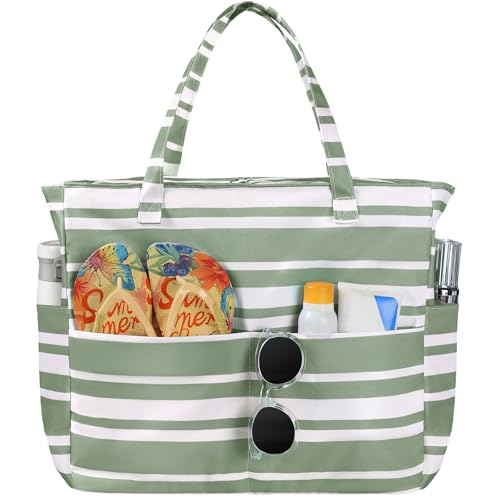 Trifabricy Beach Bags for Women Waterproof Sandproof Women Tote Bag, Large Beach Bag with Zipper for Gym Travel Vocation