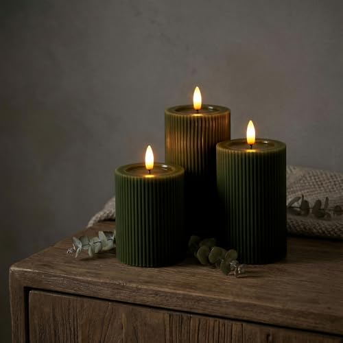 WYZworks Fluted Ribbed LED Pillar Candles, Loden Green, with Realistic Reflective Melted-Wax Effect – Flickering Flame, Re...