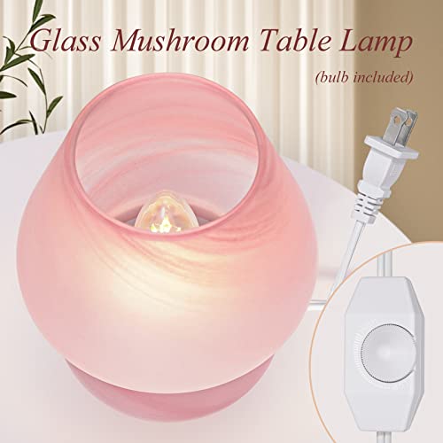 ONEWISH Mushroom Lamp Cute Table Lamp for Bedroom Nightstand Soft Light Pink, Small Glass Nightlight Stepless Dimmable Des...