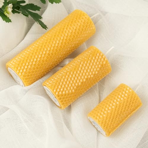 Pure Beeswax Pillar Candles,3 Pack Hand-Rolled Natural Beeswax Candles(1.77x3in,2x4in,2x6in) 60 Hours Burning Unscented Be...