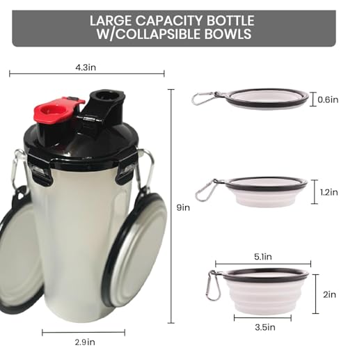 Dog Travel Water Bottle W/Collapsible Bowls - Portable 2 in 1 Leakproof Pet Water Bottle Food Container Ideal for Travel, ...