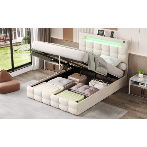 4ft6 Double Upholstered Bed Frame With Hydraulic Storage, Velvet Ottoman Bed With LED Lighting And Charging Station, Double Bed With Adjustable Button Tufted Headboard, Beige