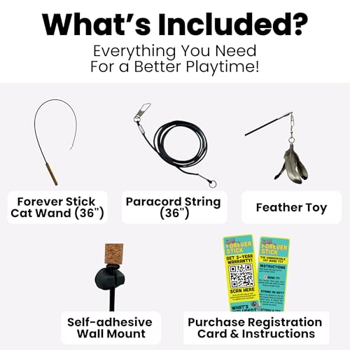 Forever Stick - The Unbreakable Cat Wand Toy, Durable Cat Toy Wand, Extra Long Cat String Toy, Cat Fishing Pole Toy for Bo...