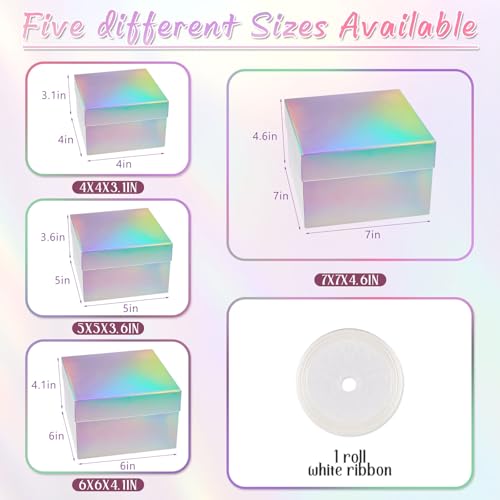 Fulmoon 4 Pack Holographic Silver Square Nesting Gift Boxes with Lids Set Assorted Sizes 7in 6in 5in 4in with Ribbon for W...