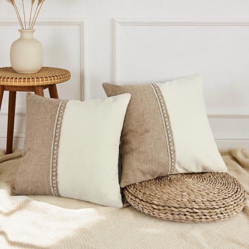 QoBexim Boho Patchwork Linen Throw Pillow Covers 18x18 Set of 2 with Fringe Trim, Khaki and Beige Farmhouse Textured Burla...
