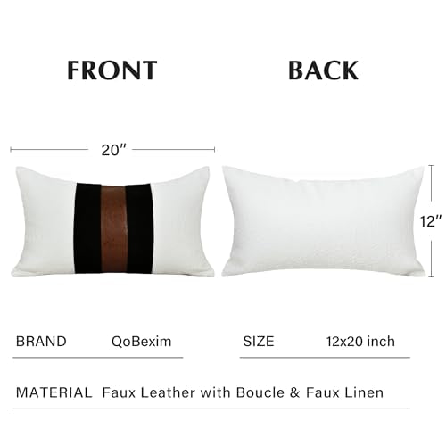 QoBexim Boucle Pillow Covers with Faux Leather Accents 12"x20" Set of 2, White and Black Decorative Pillow Covers with Fau...