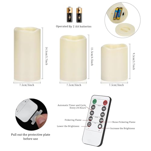 Flameless Candles 4" 5" 6" Set of 3 Ivory Outdoor Indoor Pillars 3" Diameter Battery Operated Flickering Candles Include 1...