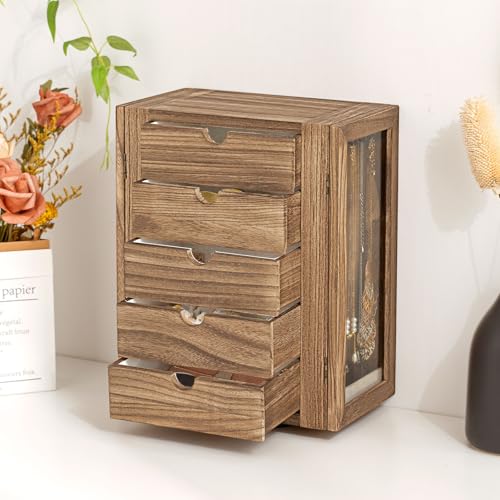 Emfogo 360° Rotating Jewelry Box for Women, Rustic Wooden Jewelry Organizer Box with 5 Drawers, Glass Doors, Vertical Open...