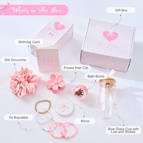 LANGASQUE Birthday Gifts for Women Teen Girls, Happy Birthday Gift Baskets for Women, Coquette Pink Bow Glass Cup Gift Box...