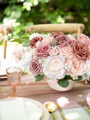 FACINOC Pink Rose Artificial Flowers Dusty Fake Flower with Stems Bulk for DIY Wedding Bouquets Bridal Baby Shower Centerp...