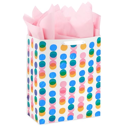 Hallmark 13" Large Gift Bag with Pink Tissue Paper (Pink, Yellow, Foil Blue Dots) for Valentine's Day, Birthdays, Mother's...