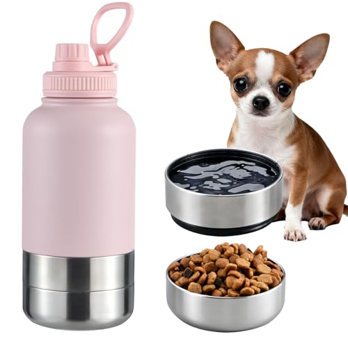 Cibaabo Insulated Dog Water Bottle with 2 Bowls, 32oz Travel Stainless Steel Double Wall Thermos, Portable Pet Dispenser, ...