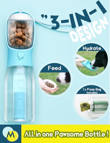 MoonyMars Portable Water Bottle for Dogs, 3 in 1 Pet Travel Bowl Dispenser with Food Treat Container & Poop Bag Holder, Su...