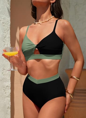 Herseas Women's Bikini Sets Twist Color Block Swimsuits 2 Piece High Waisted Bathing Suit Swim Suits 2026 Beach Wear