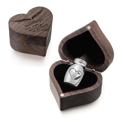 XIUDA Wooden Mini Memorial Small Urns for Ashes Stainless Steel Cremation Mini Urn with Black Walunt Box Funeral Heart Win...