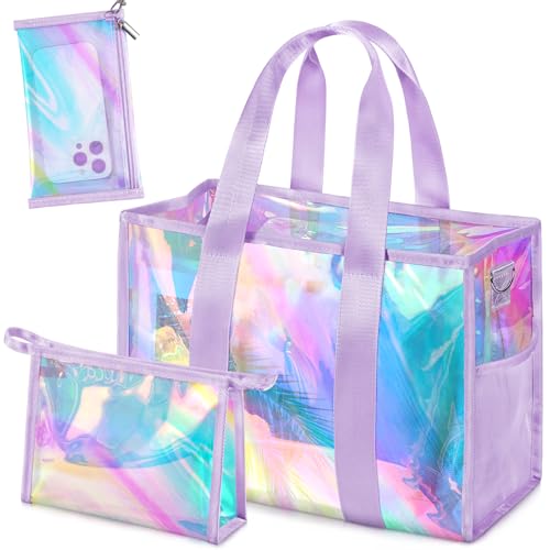 ComfyKit Iridescent Beach Tote Bag for Women - Waterproof Pool & Swim Bag with Detachable Makeup Case & Phone Pouch