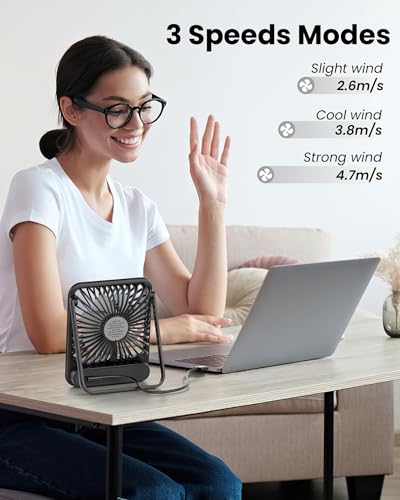 Koonie USB Desk Fan, Strong Wind Ultra Quiet Small Personal Fan with 180° Tilt Folding and 3 Speeds Adjustable, USB-C Cord...
