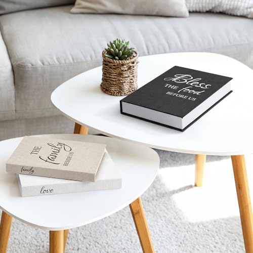 Weysat Set of 3 Bless Family Love Decorative Books for Home Decor Linen Faux Books Stacked Neutral Modern Aesthetic Fake S...