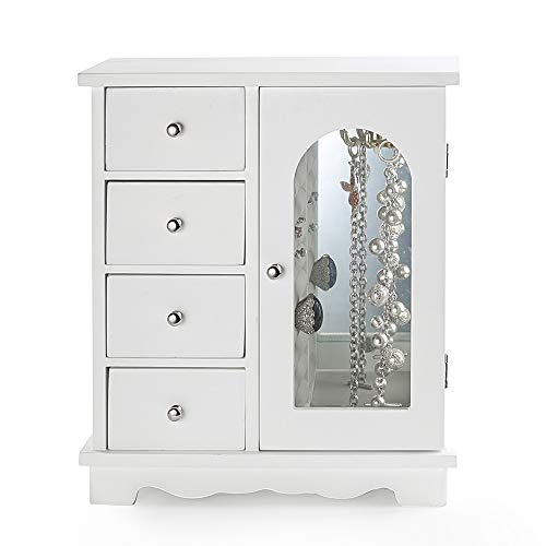 ZGZD White Jewelry Box for Girls Wooden Makeup and Accessories Organizer Ring Storage with 4 Drawers and Swing Door