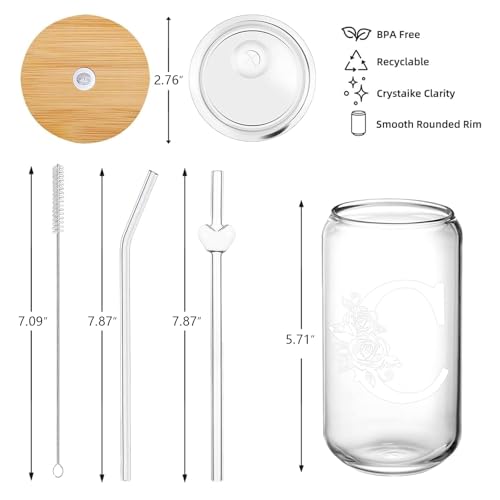Custom Cups for Women – 16oz Monogrammed Glass Tumbler with Lid & Straw–Personalized Cups with Names, Personalized Birthda...